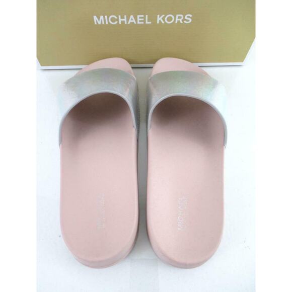 Michael Kors Gilmore Slide Sandals MK Debossed Metallic Silver Multi Size 9 - Picture 8 of 9